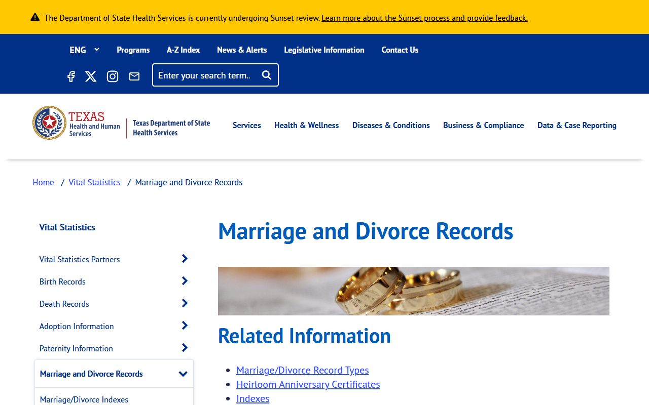 Texas DSHS vital statistics page for Cooke County dissolution of marriage records